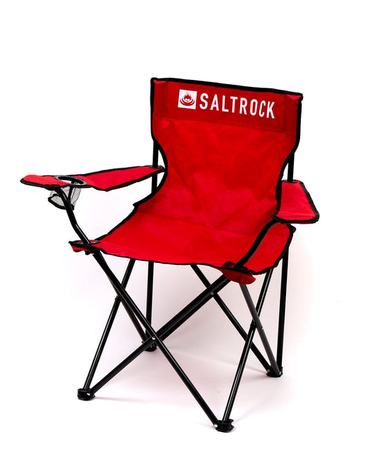 A Sanur - Foldable Beach Chair - Red with the Saltrock logo on it and a mesh cup holder.