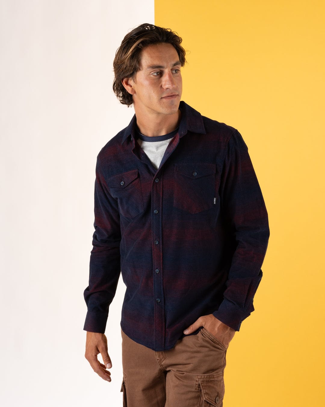 Linus - Mens Corduroy Shirt - Blue/Burgundy