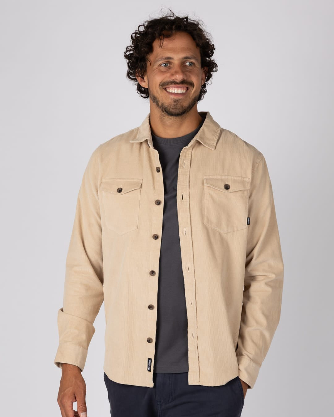 Lyon Mens Long Sleeve Cord Shirt in Beige