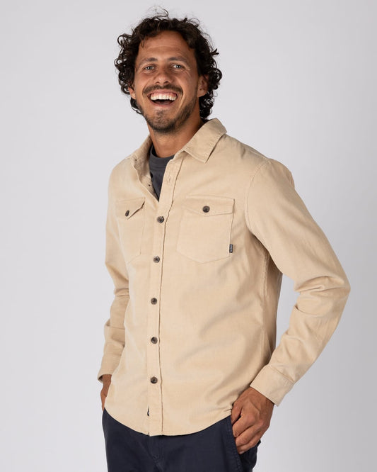 Lyon Mens Long Sleeve Cord Shirt in Beige