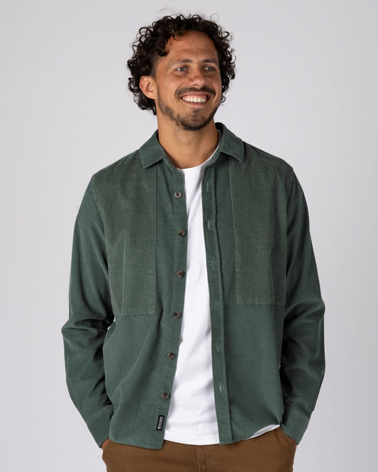 Linus Panel Mens Corduroy Shirt in Green