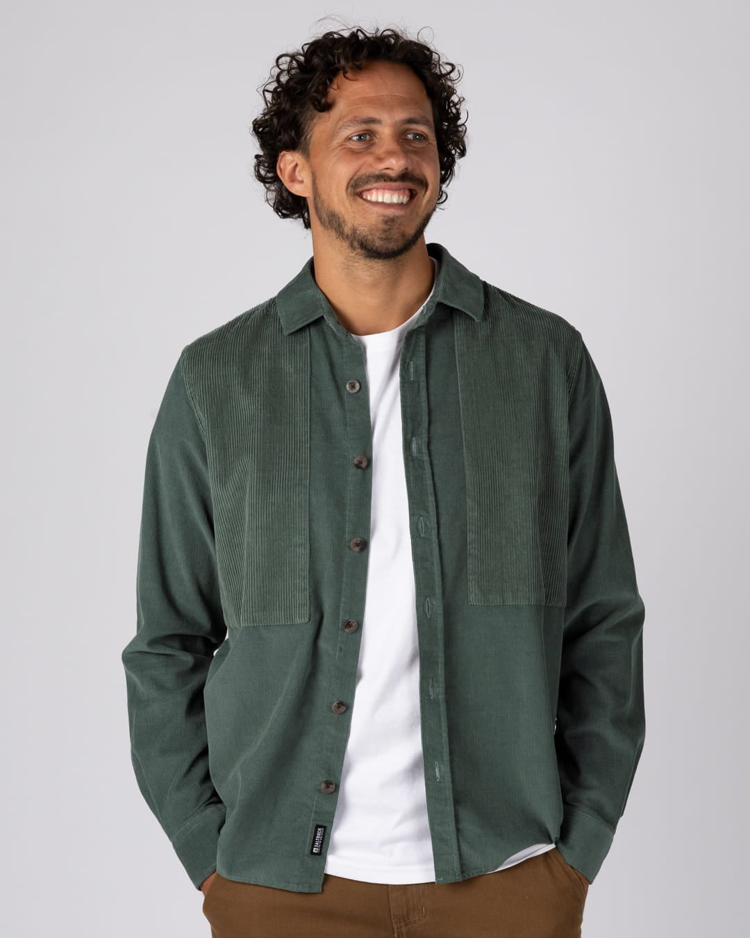 Linus Panel Mens Corduroy Shirt in Green