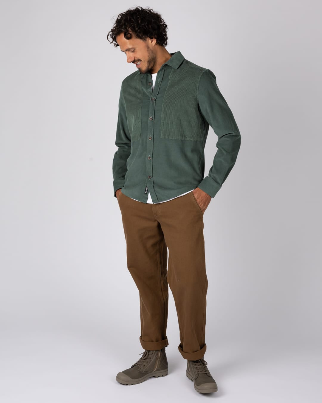 Linus Panel Mens Corduroy Shirt in Green