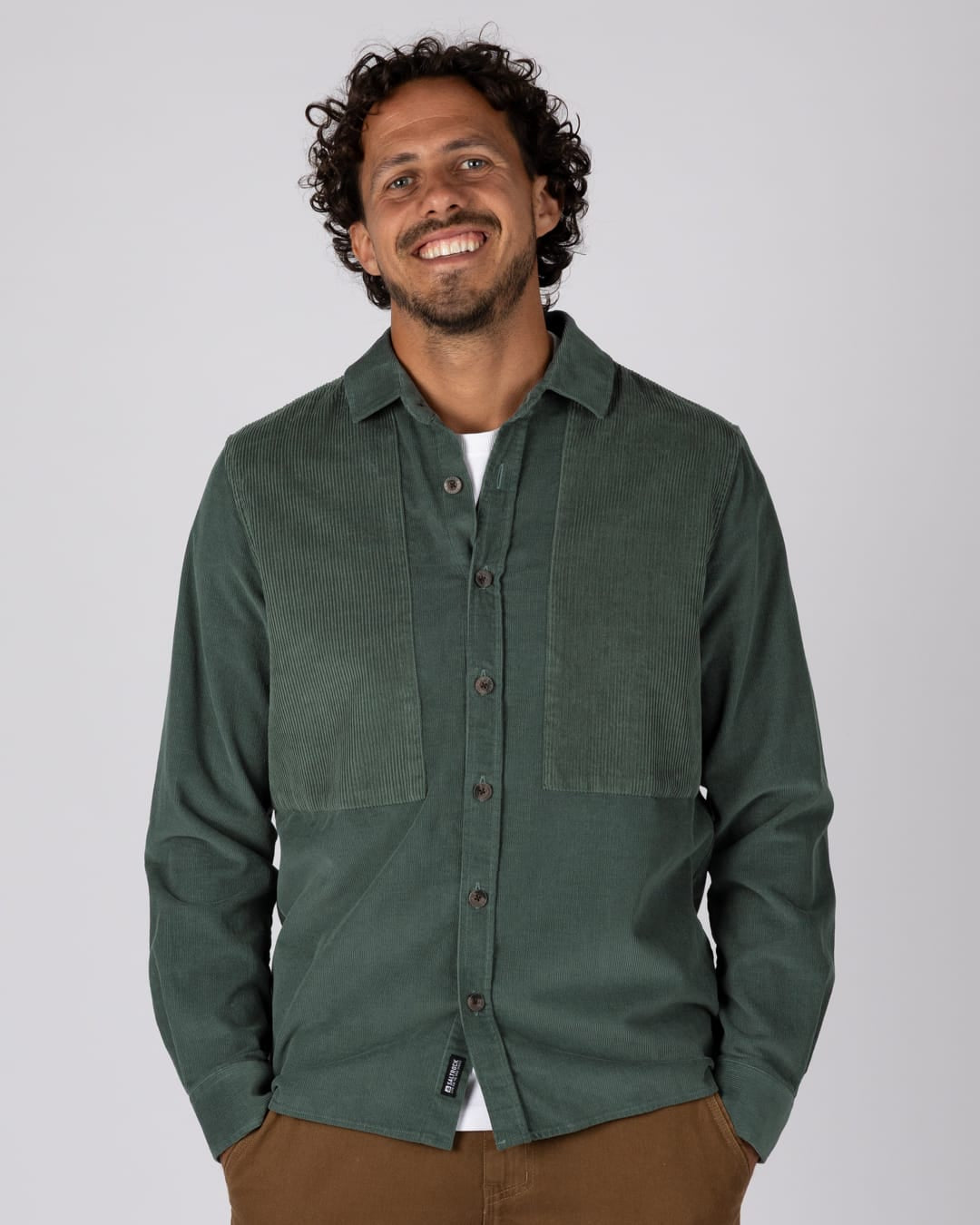 Linus Panel Mens Corduroy Shirt in Green