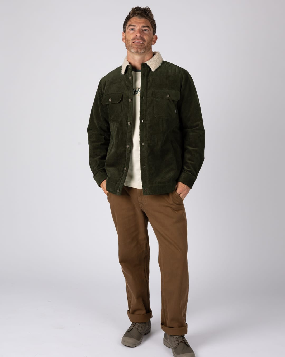 Zeke 2 Mens Sherpa Lined Cord Jacket in Green