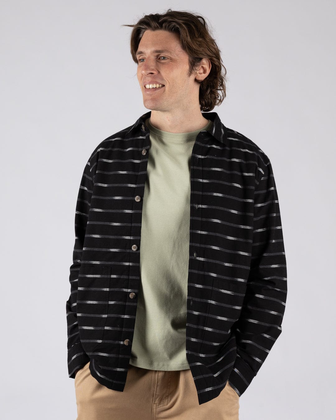 Ammar Mens Sherpa Lined Shirt in Grey Stripe