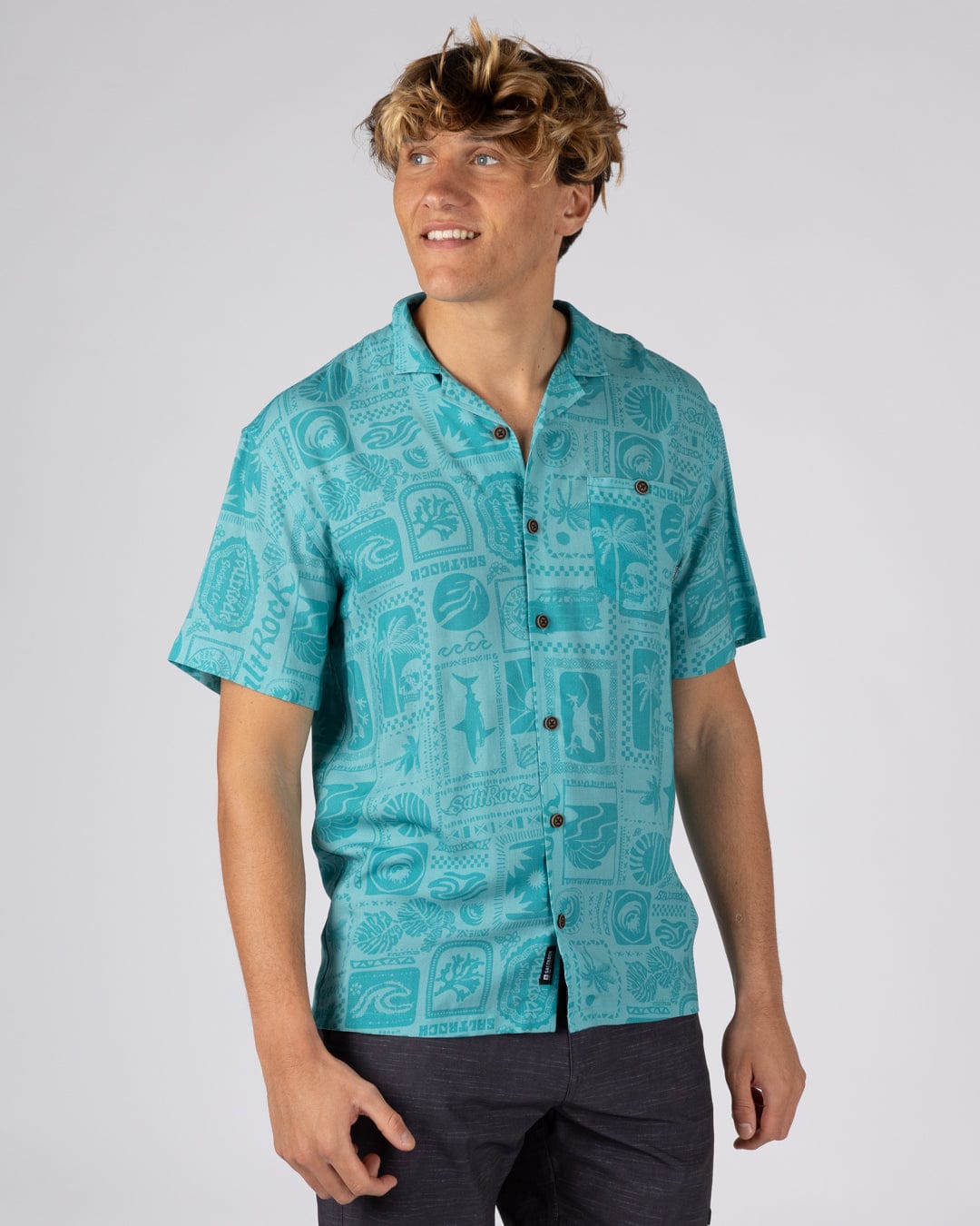 Heritage Tiles Mens Short Sleeve Shirt in Blue