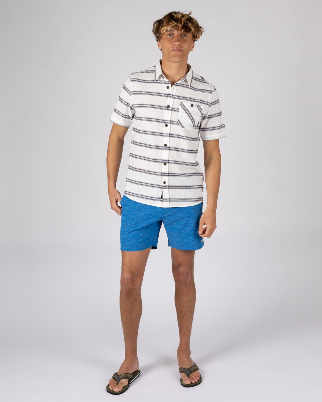Waves Mens Short Sleeve Jacquard Shirt in Cream