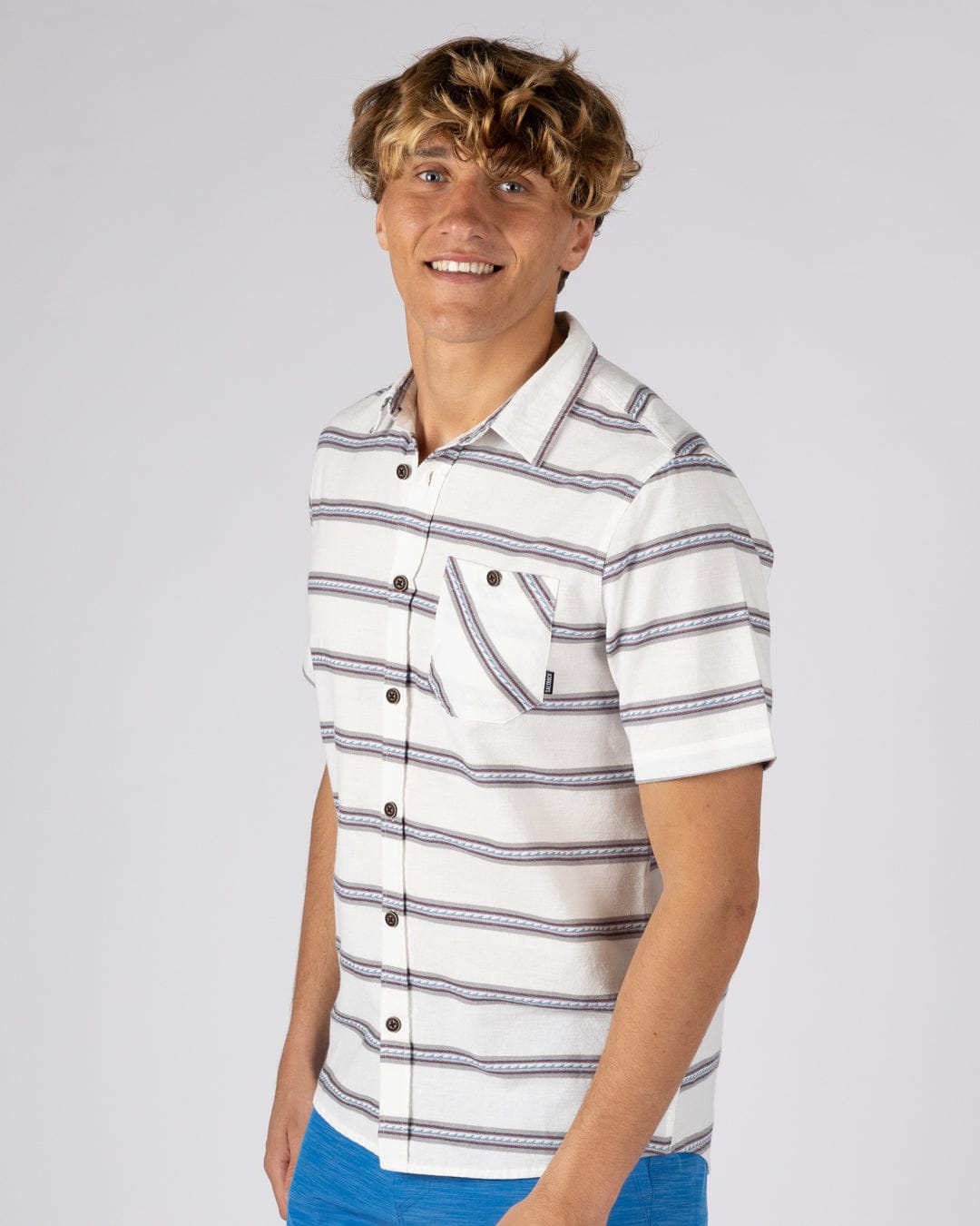 Waves Mens Short Sleeve Jacquard Shirt in Cream