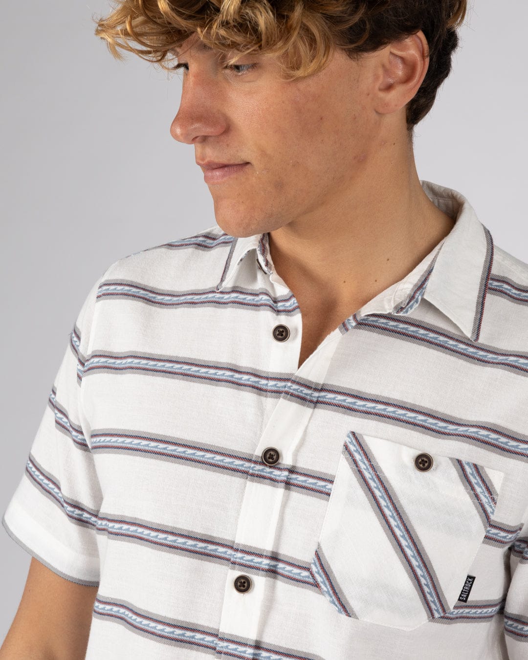 Waves Mens Short Sleeve Jacquard Shirt in Cream