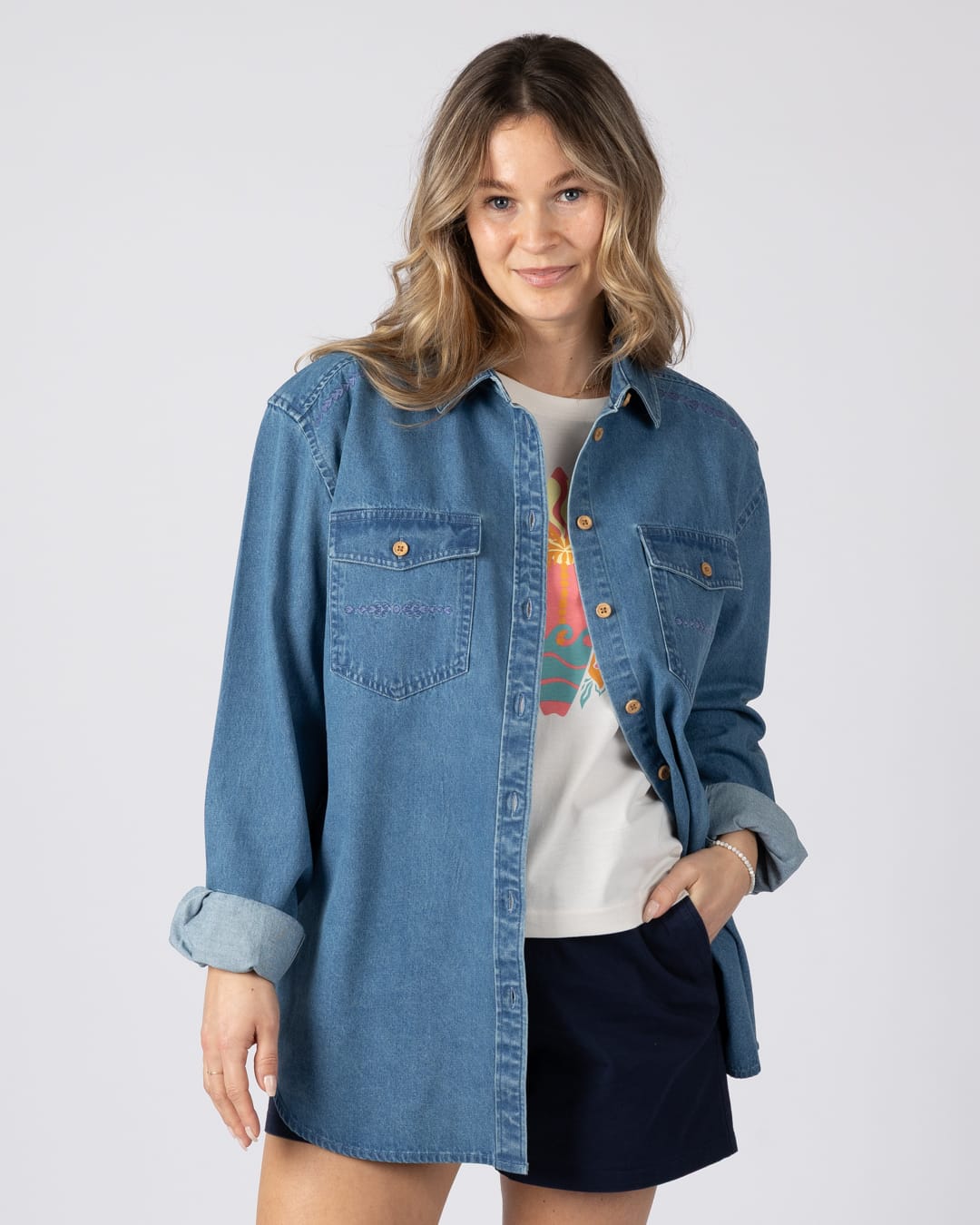 Pernrose Womens Denim Shirt in Blue