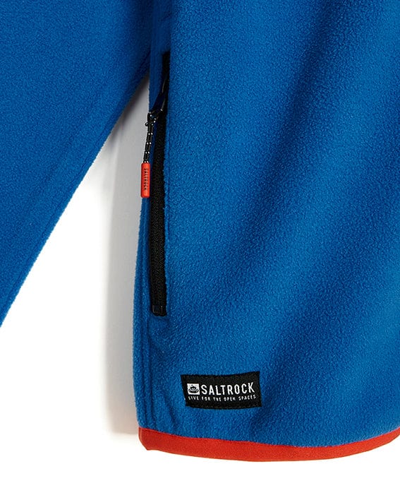 A Saltrock Senja Mens Fleece Hoodie Blue and red with a zippered pocket, made of polyester.