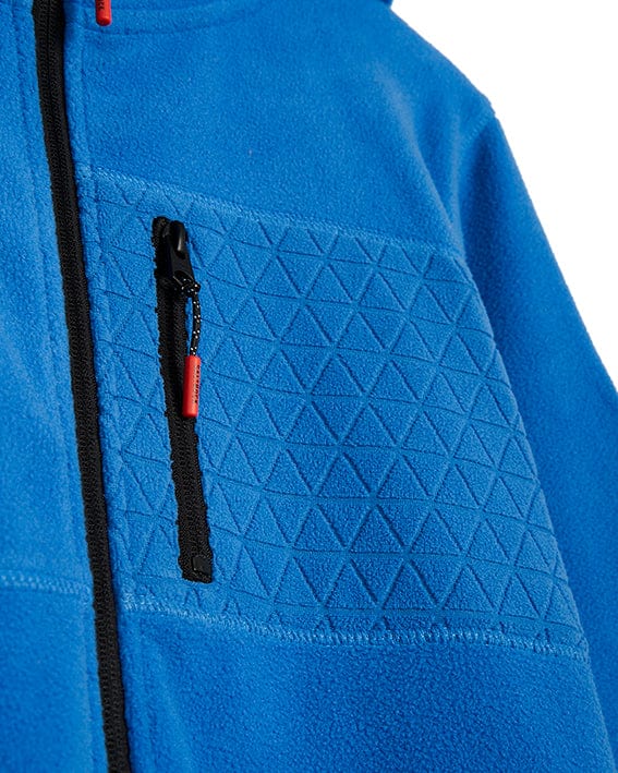 A blue jacket with a zippered hood featuring Saltrock branding has been replaced with "A Senja - Mens Fleece Hoodie - Blue with a zippered hood featuring Saltrock branding.