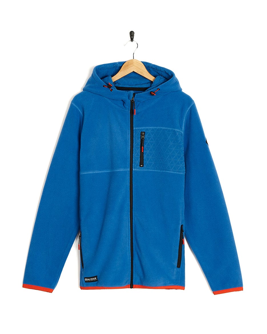 A Senja - Mens Fleece Hoodie - Blue with a zippered hood featuring Saltrock branding.