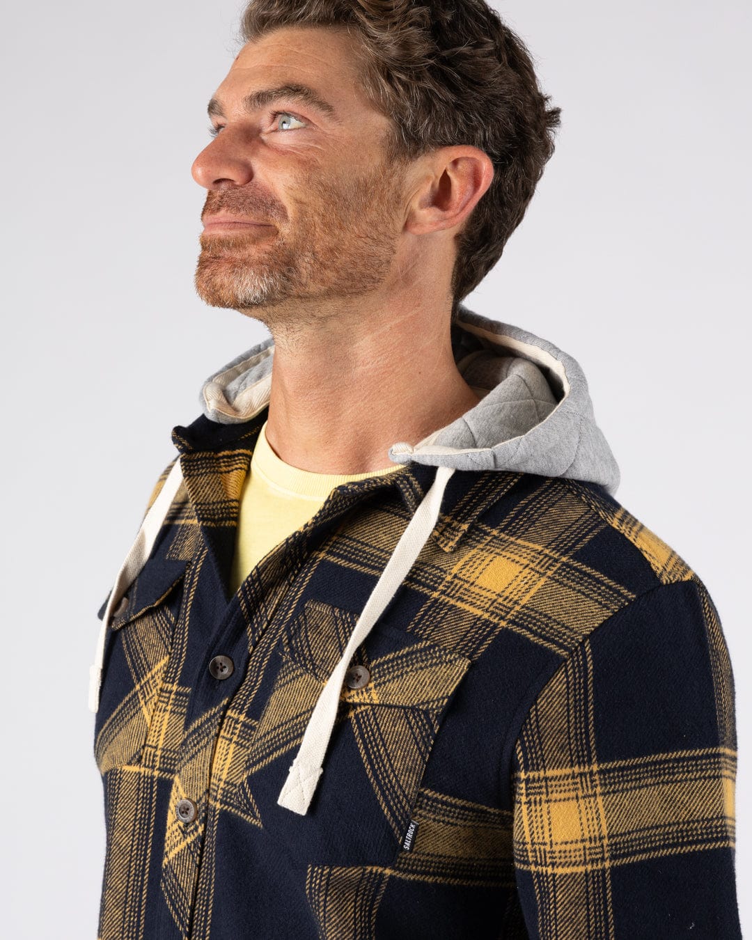 Beale - Mens Hooded Check Shirt - Yellow/Blue