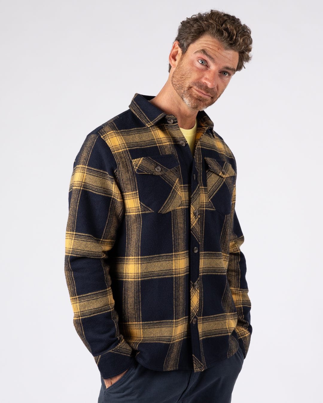Beale - Mens Hooded Check Shirt - Yellow/Blue