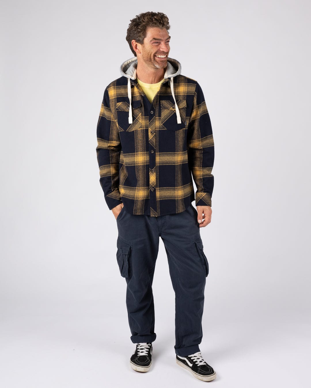 Beale - Mens Hooded Check Shirt - Yellow/Blue