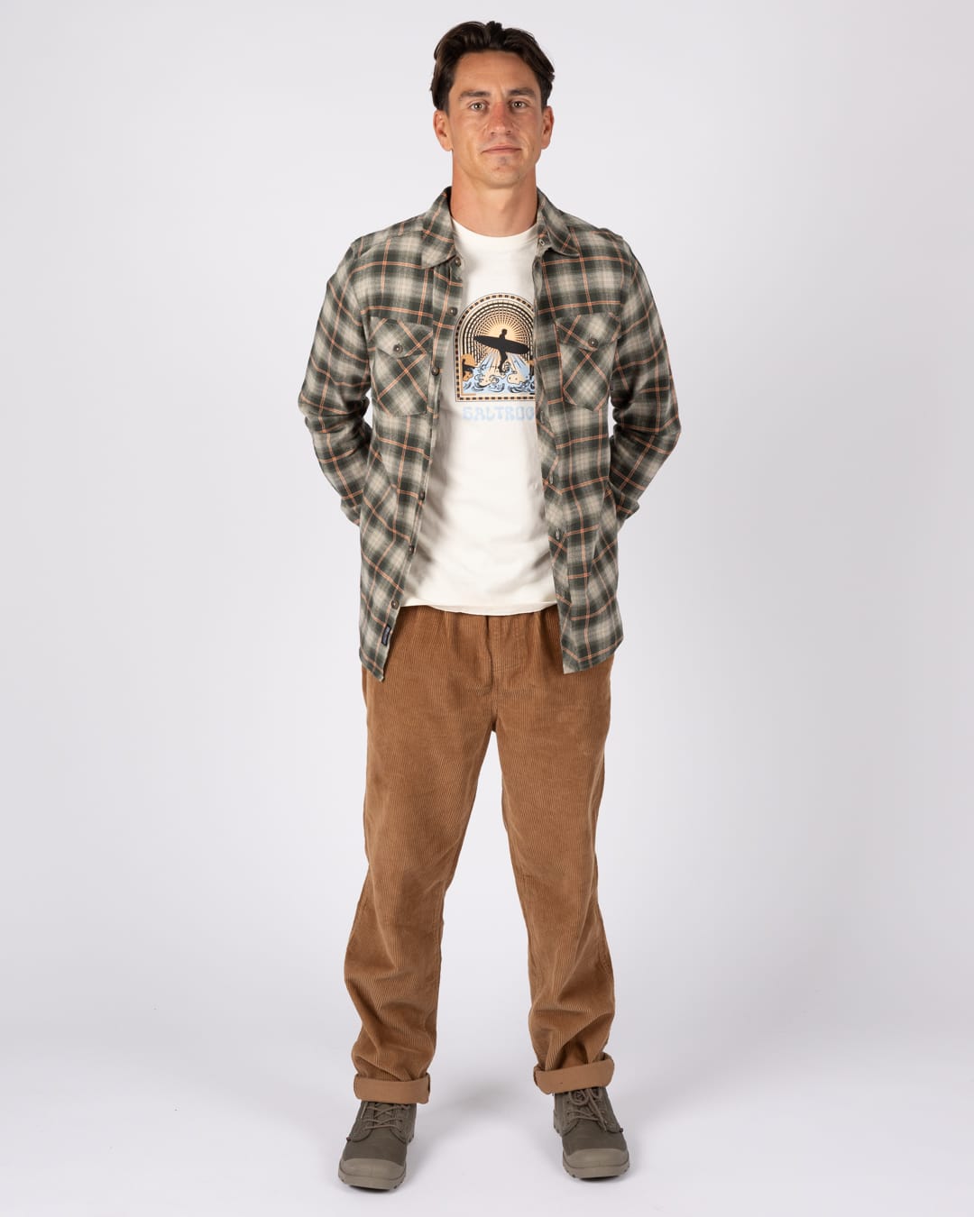 Miles Mens Flannel Shirt in Green Check