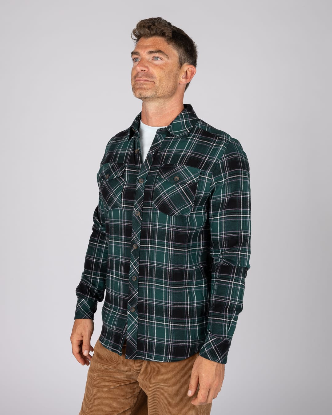 Miles Mens Long Sleeve Shirt In Green/Grey Check