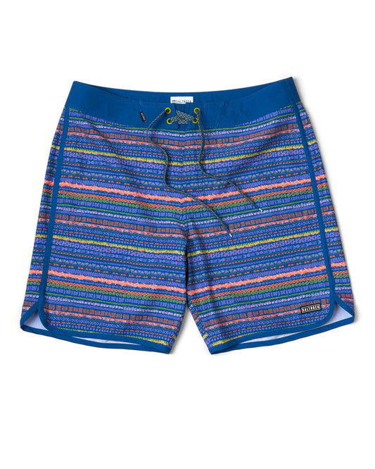 A Saltrock men's board short with a colorful striped pattern made from Repreve recycled material.