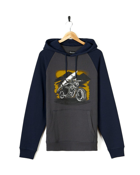 A Skelly Rider - Mens Pop Hoodie - Dark Grey by Saltrock with an image of a motorcycle on it.