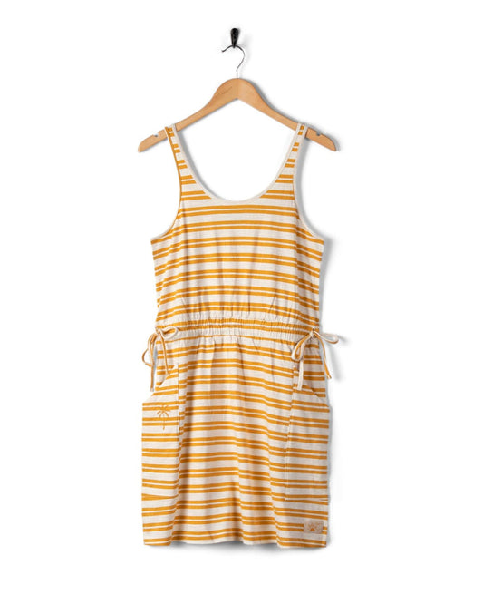 Striped pattern Skylar Bauhaus - Womens Stripe Dress - Yellow on hanger against white background by Saltrock.