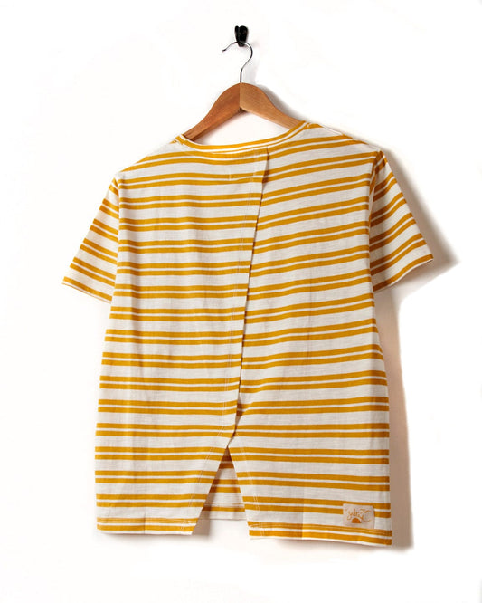 Camilla - Womens Short Sleeve T-Shirt in Yellow by Saltrock on a hanger against a white background.