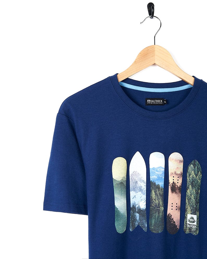 A Saltrock cotton blue men's tee with mountain and snowboard designs.