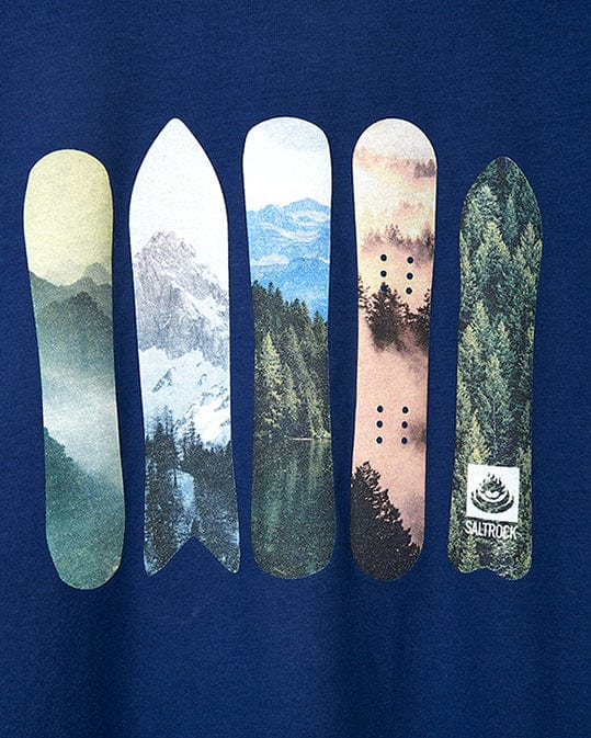 A Saltrock men's tee with Snowboards - Mens Short Sleeve T-Shirt - Blue designs made of cotton.