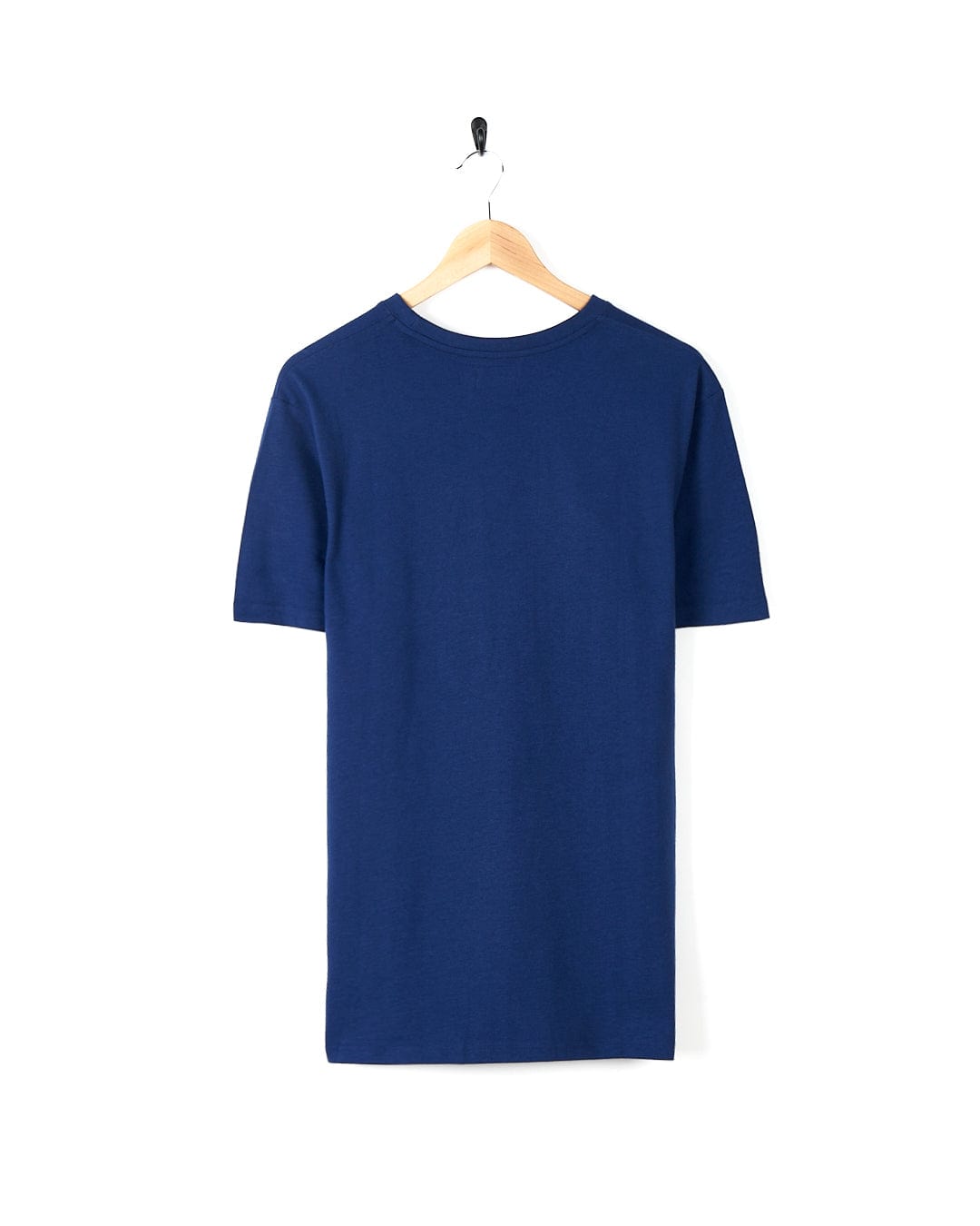 A "Snowboards - Mens Short Sleeve T-Shirt - Blue" made of cotton hanging on a hanger.