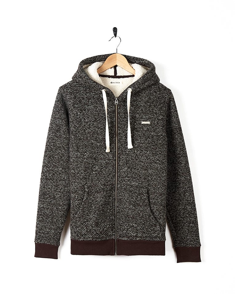 The Sofie - Womens Borg Lined Zip Hoodie - Brown is a stylish black and white hoodie featuring a hood.