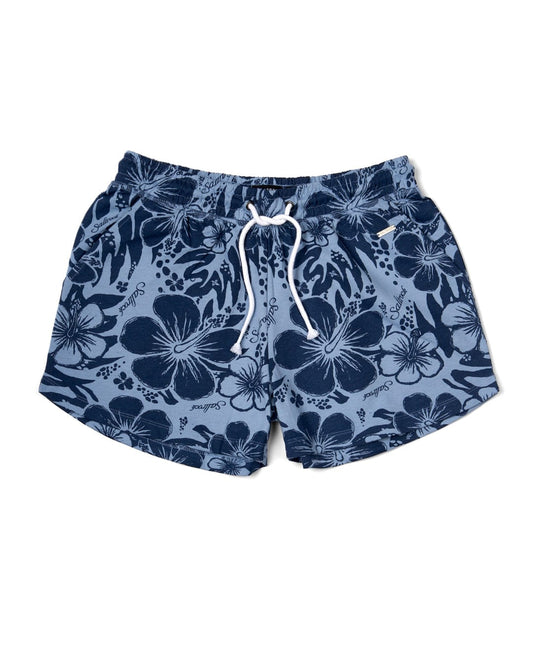 A women's Soifra Hibiscus - Womens Sweat Short - Blue swim trunks with an elasticated waist by Saltrock.