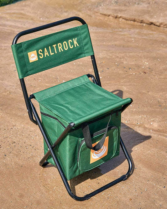 A Spectator - Foldable Chair with Cooler Bag - Dark Green chair with the word Saltrock on it.