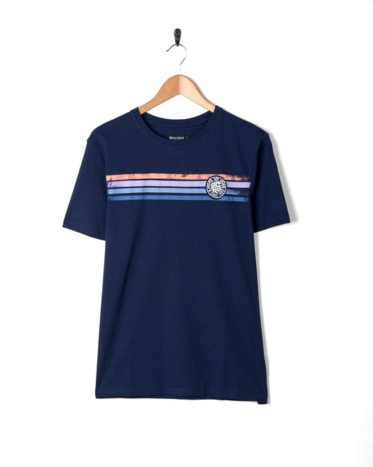 A Spray Stripe - Mens Short Sleeve T-Shirt - Blue by Saltrock featuring an orange, blue, and red stripe.