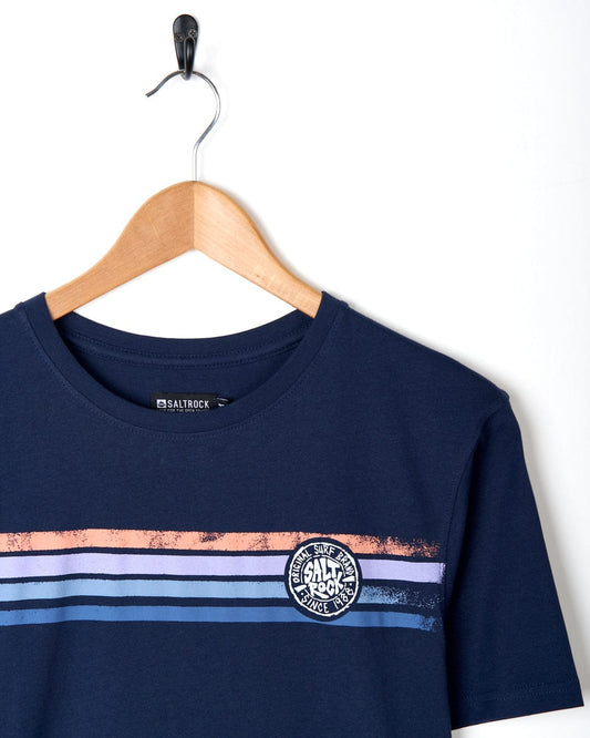 A navy cotton t-shirt with a colorful stripe from the Saltrock Spray Stripe - Mens Short Sleeve T-Shirt - Blue branding.