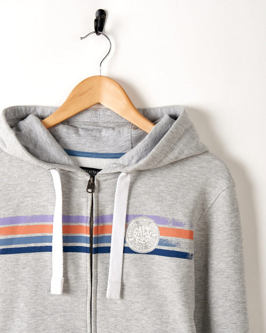 Gray cotton hooded sweatshirt with Spray Stripe detail by Saltrock hanging on a wooden hanger against a white background.