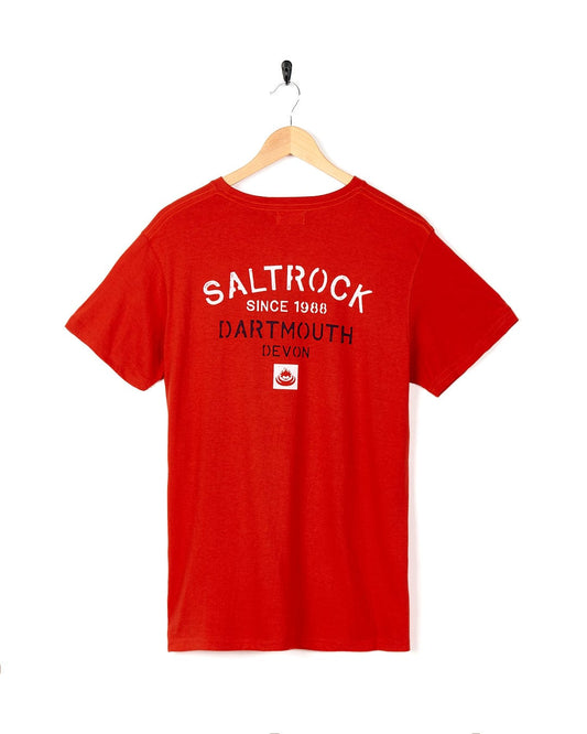 A Stencil - Mens Location T-Shirt - Dartmouth - Red with the brand name Saltrock on it.