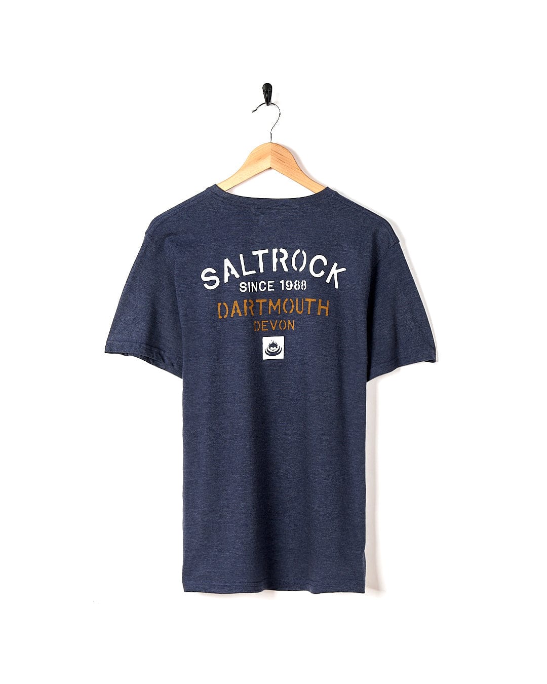 A Stencil - Mens Stencil T-Shirt - Dartmouth - Dress Blue with the brand name Saltrock on it.