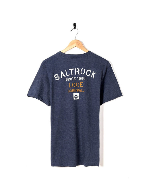 A Stencil - Location T-Shirt - Looe - Blue with the brand name Saltrock on it.