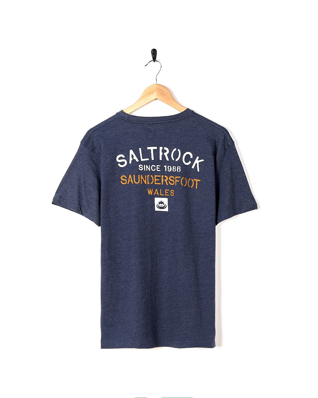 A Saltrock t-shirt with the words "Saundersfoot - Blue" on it.
