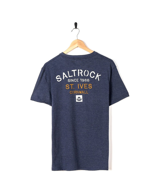 A Stencil - Location T-Shirt - St Ives - Blue with the brand name Saltrock on it.