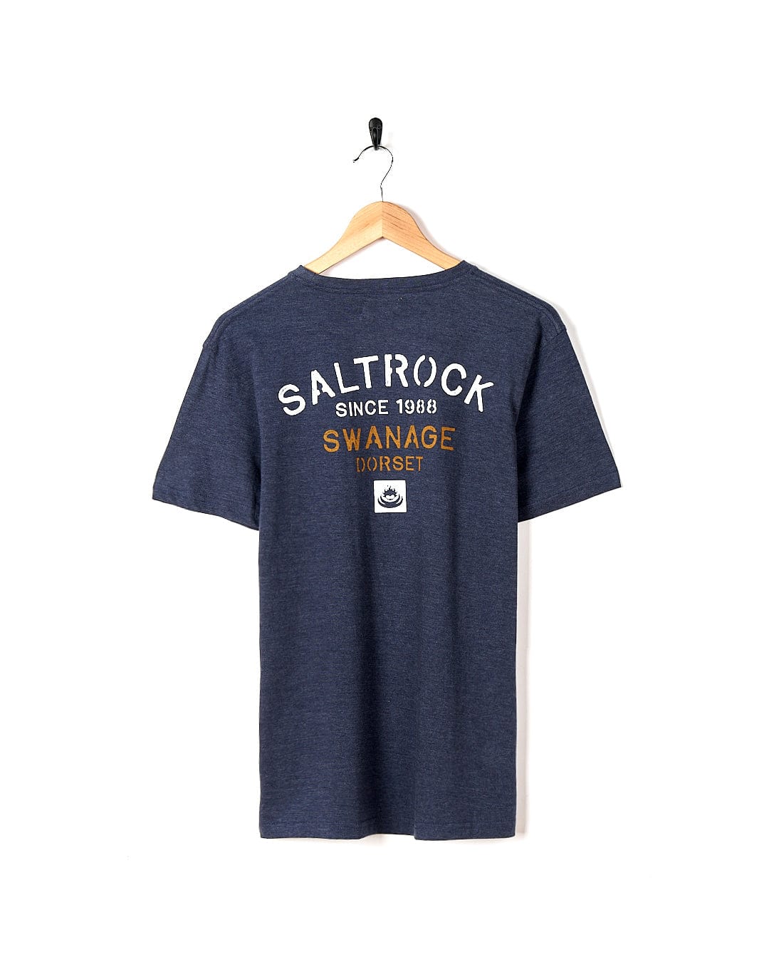 A Saltrock t-shirt that says Stencil - Mens Location T-Shirt - Swanage - Dress Blue swag.