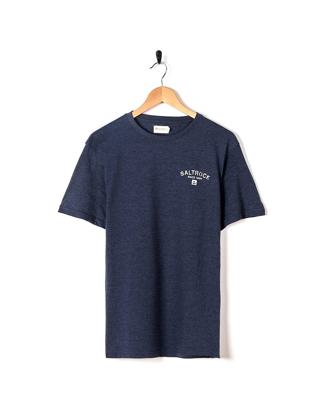 A Saltrock Stencil - Mens Location T-Shirt - Croyde - Dress Blue with a white logo on it.