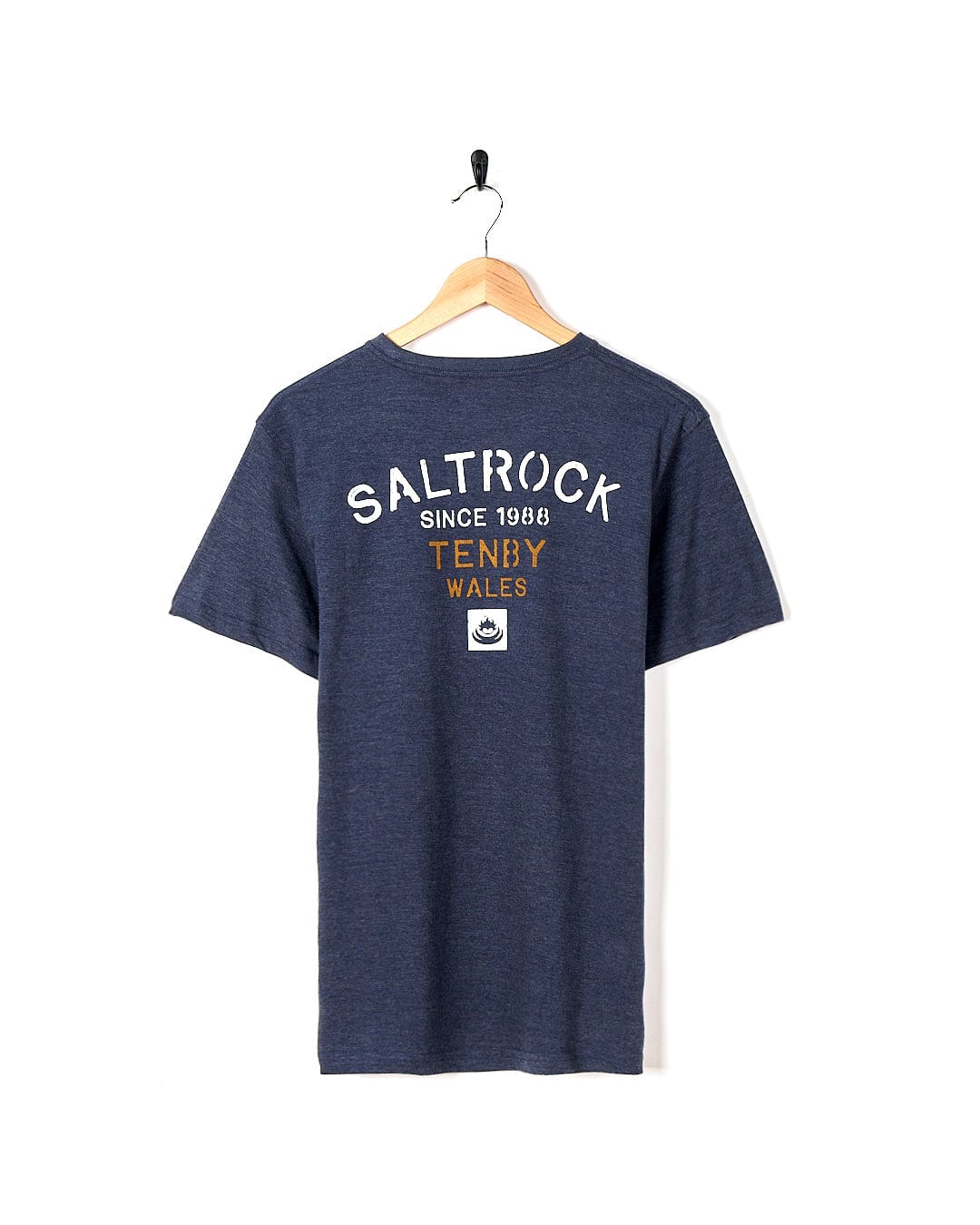 A Stencil - Mens Location T-Shirt - Tenby - Blue with the word Saltrock printed on it.