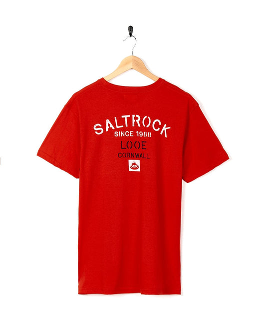 A Stencil - Mens Looe Location T-Shirt - Red with the brand name Saltrock on it.