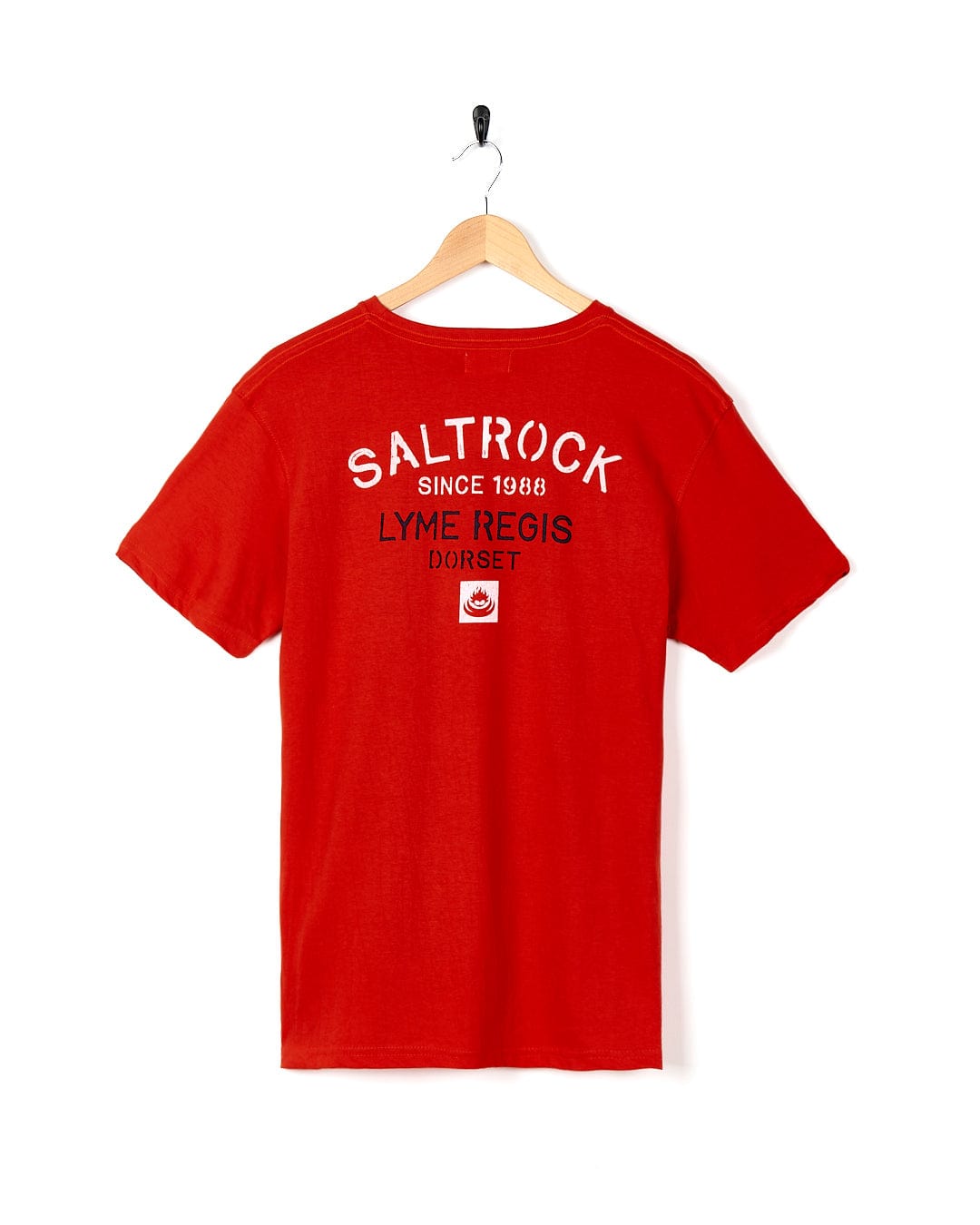 A Stencil - Mens Lyme Regis Location T-Shirt - Red with the brand name Saltrock on it.