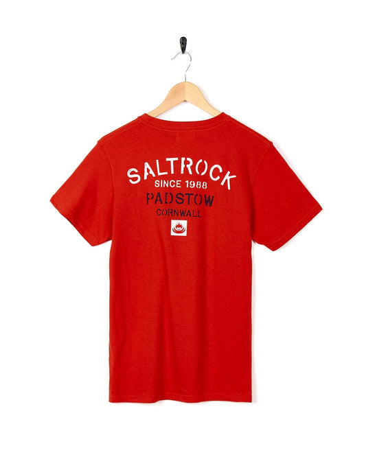 A Stencil - Mens Padstow Location T-Shirt - Red with the word Saltrock on it.