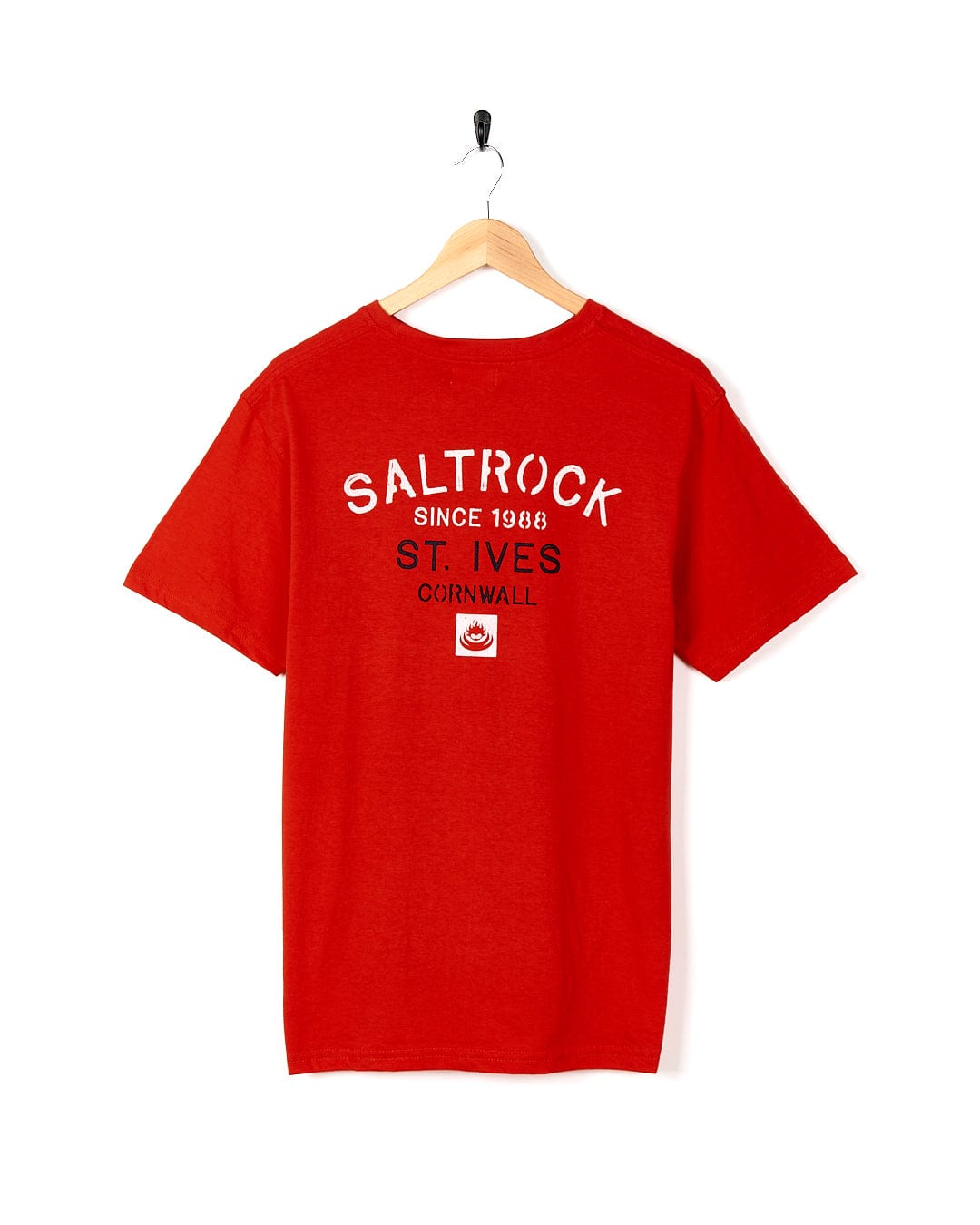 A red Stencil - Mens St Ives Location T-Shirt that says Saltrock st wys.