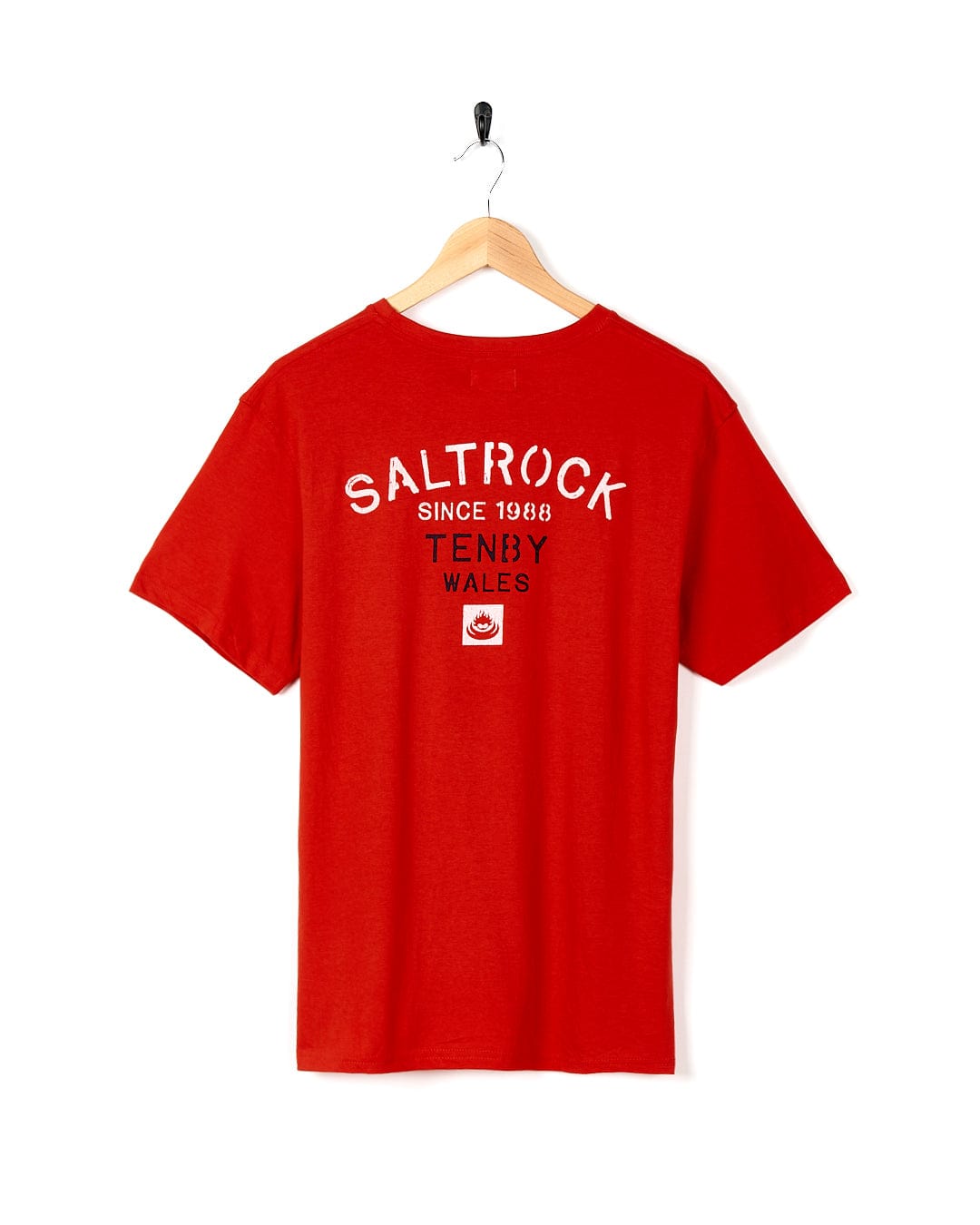 A Stencil - Mens Location T-Shirt - Tenby - Red with the brand name Saltrock on it.