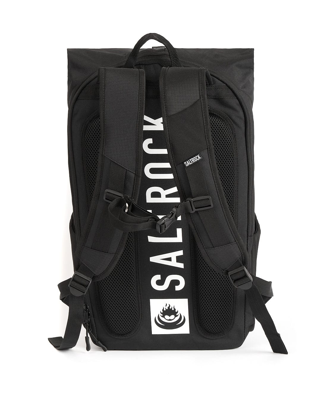 A black Streamline backpack with the brand name Saltrock on it.
